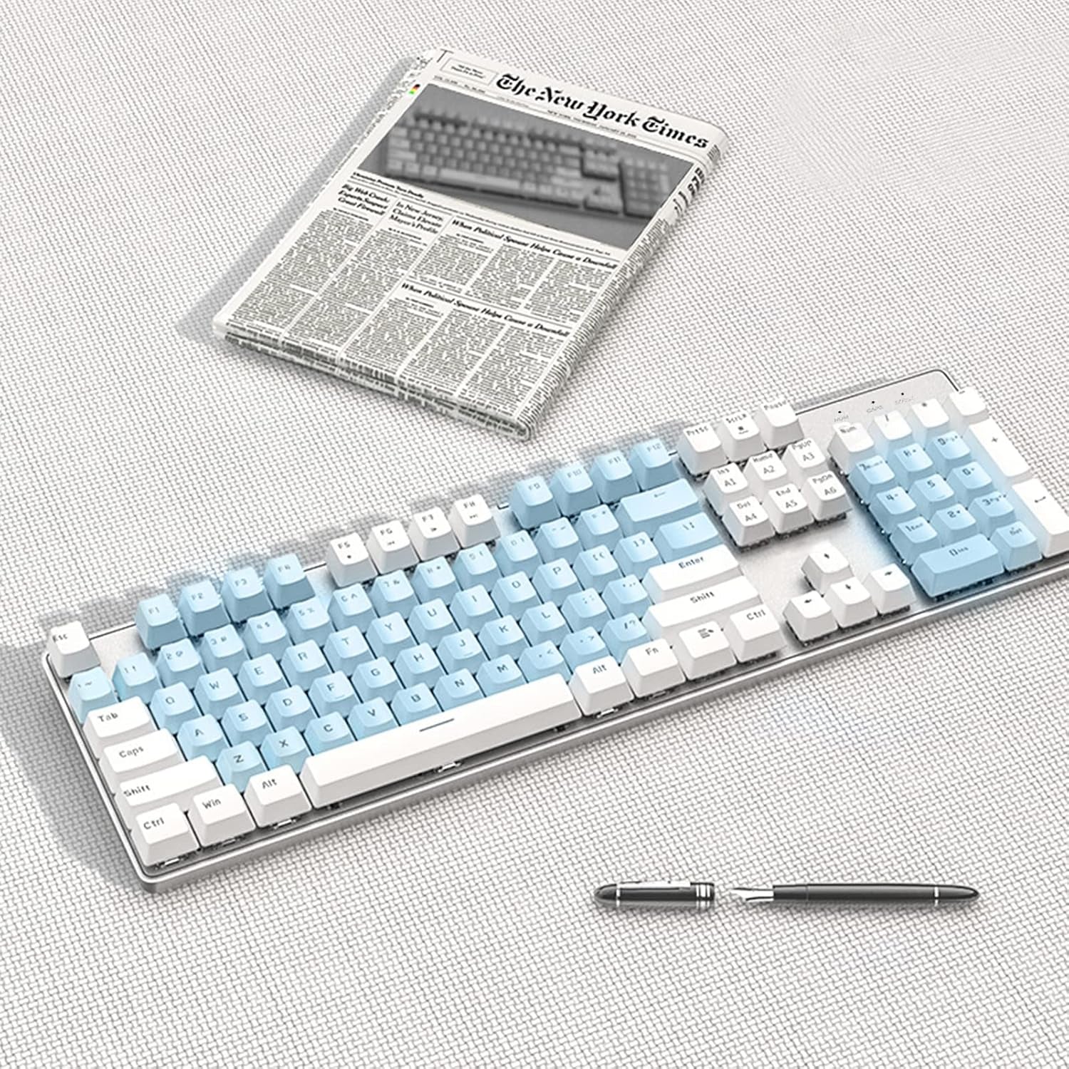 Mechanical Gaming Keyboard with Rainbow LED Backlit, 104-Key Anti-Ghosting Blue Switch Metal Panel Light up Keyboard Ergonomic Design Wired USB for PC, Laptop, Mac (Blue-White)
