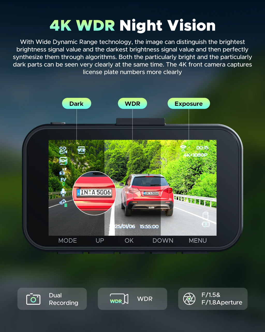 4K Dash Cam Front and Rear 3 Inch Dual Dash Camera, with 1080P Waterproof Car Camera, Loop Recording, G-Sensor, Night Vision, Parking Monitor, WDR