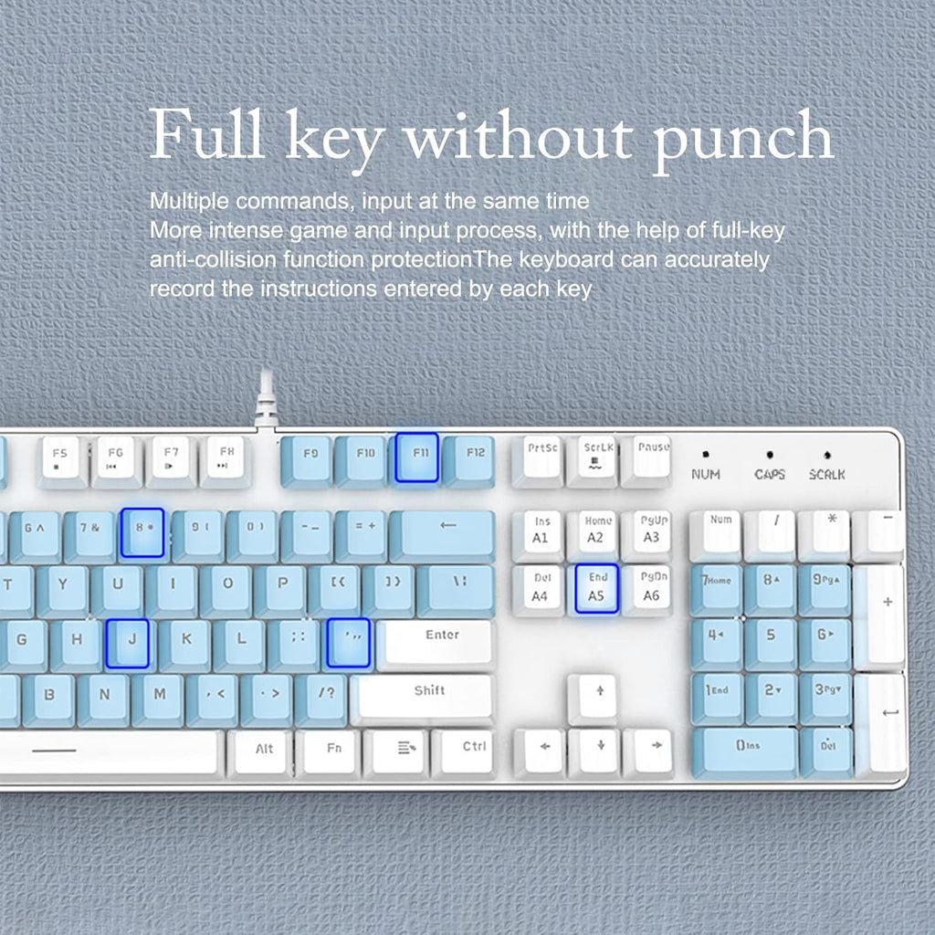 Mechanical Gaming Keyboard with Rainbow LED Backlit, 104-Key Anti-Ghosting Blue Switch Metal Panel Light up Keyboard Ergonomic Design Wired USB for PC, Laptop, Mac (Blue-White)